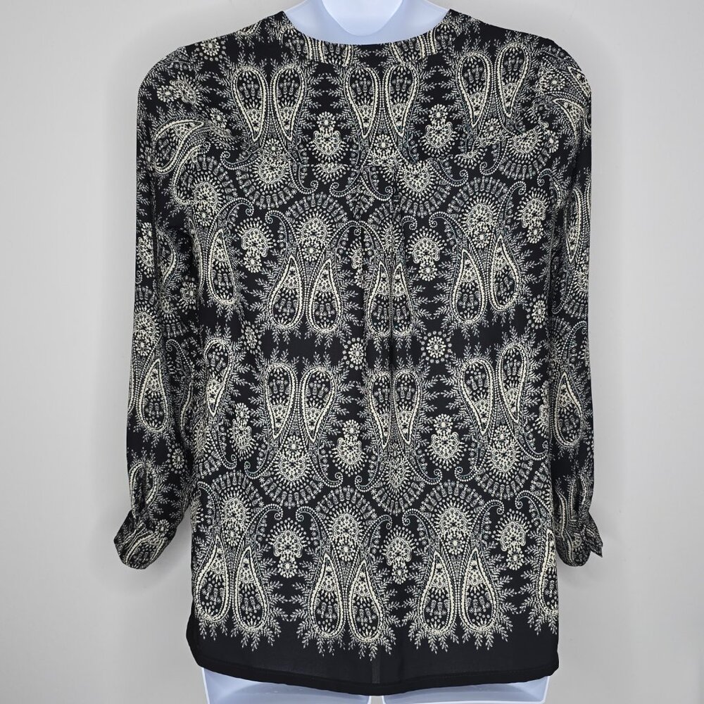 Rose + Olive Womens Top Shirt Large Blouse Paisley Black Cream Boho Long Sleeves - Picture 5 of 9